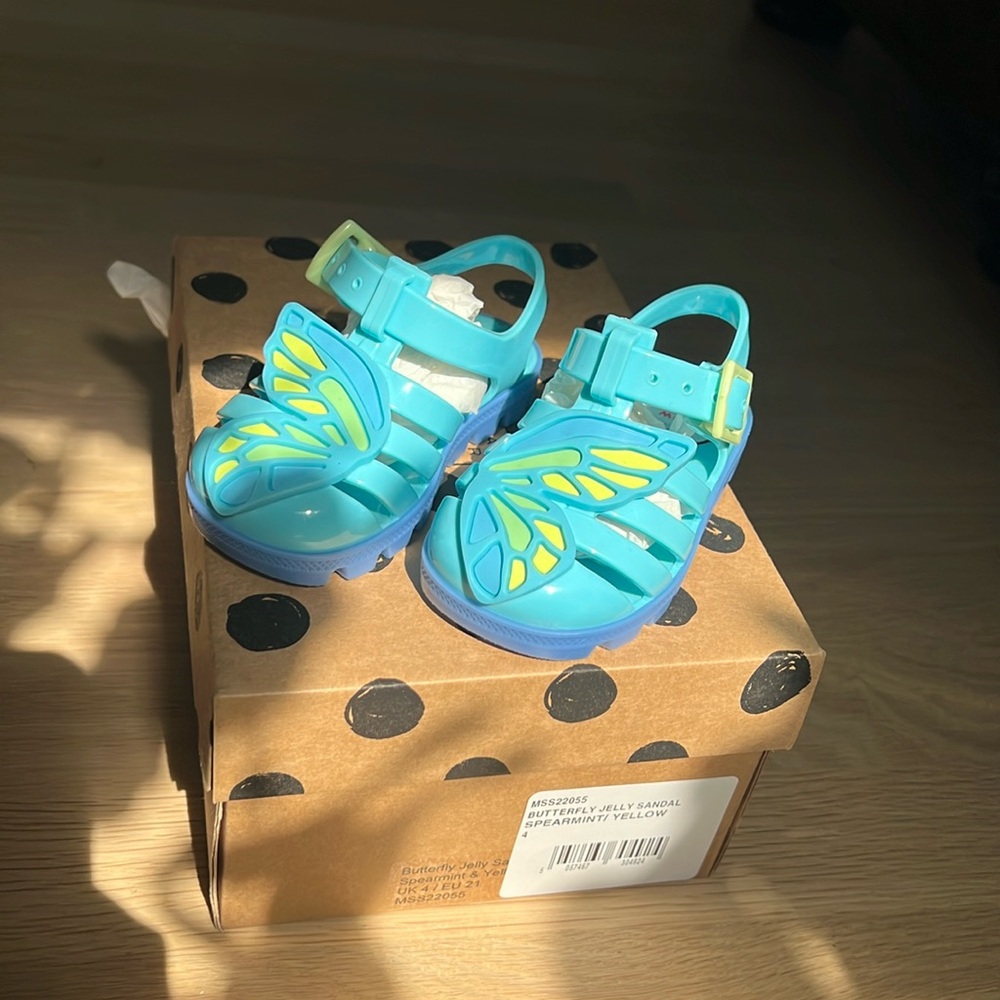 NIB Sofia Webster girls butterfly jelly sandals blue yellow UK 4/ EU 21 baby